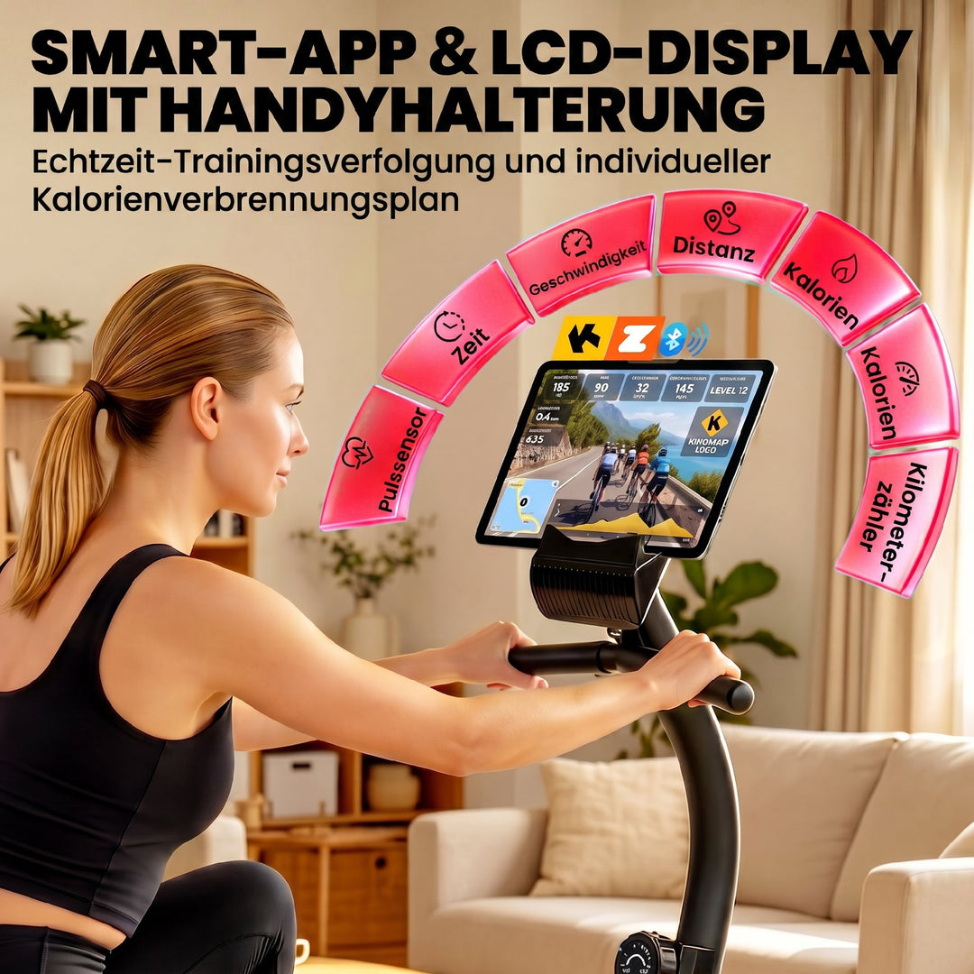 Liggecykel til hjemmebrug med 8 justerbare modstandsniveauer, magnetbremse, app, pulssensor, LCD-display og fodstropper.