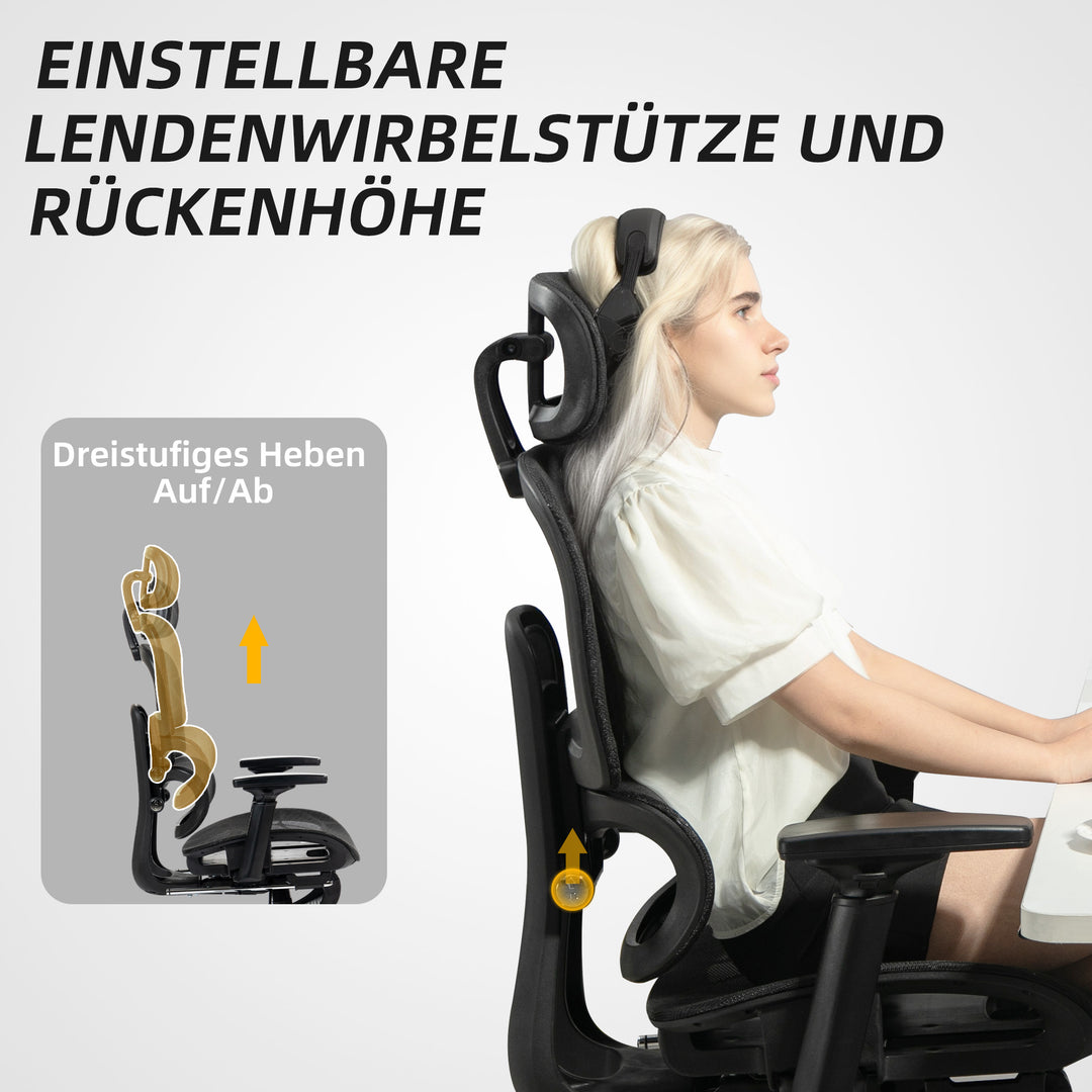 Kontorstol, ergonomisk skrivebordsstol med netbetræk, justerbar, rullbar, med armlæn, nakkestøtte, sort