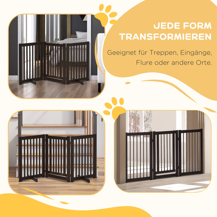 Hundegitter, fritstående, justerbar sikkerhedsgitter med fødder, 155 x 76 cm, træ, foldbar, trappegitter til trapper, døre, køkken, entre, 3 paneler, mørkebrun