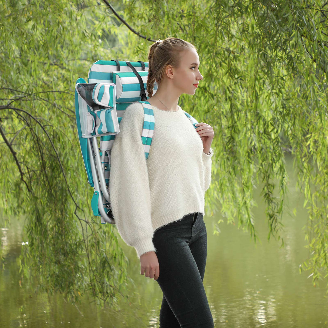 Strandstol, foldbar campingstol, bærbar med rygstøtte, nakkestøtte, armlæn og 2 sidelommer. Kan bæres som rygsæk