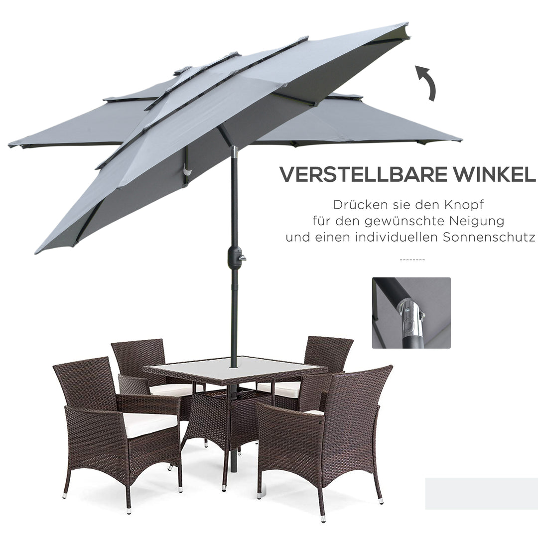 Parasol med 3-lags baldakin håndsving, 8 ribber haveparasol med solbeskyttelse, 260 cm, stål, polyester, mørkegrå