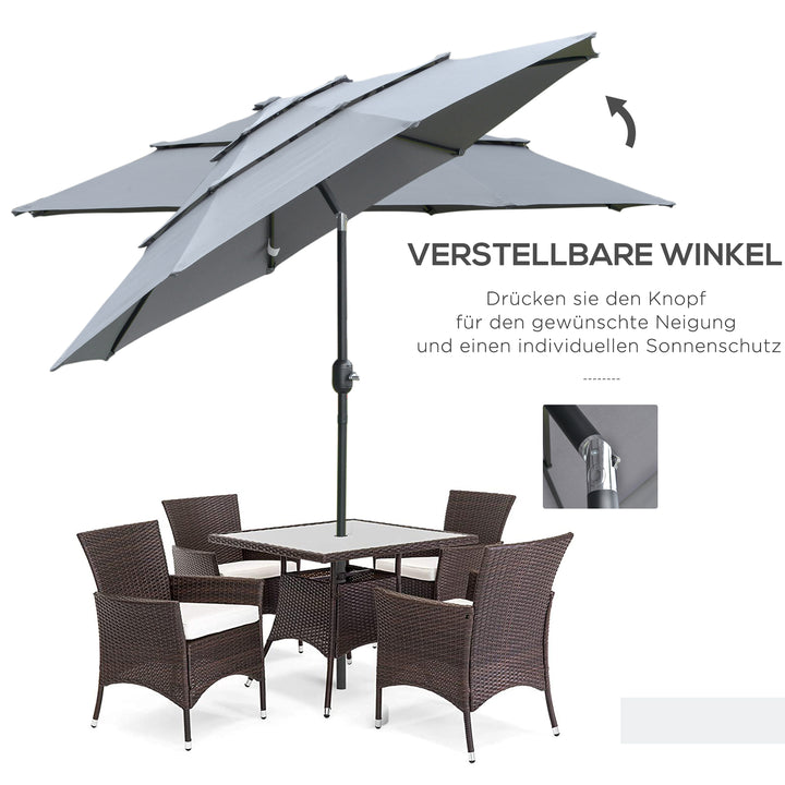 Parasol med 3-lags baldakin håndsving, 8 ribber haveparasol med solbeskyttelse, 260 cm, stål, polyester, mørkegrå