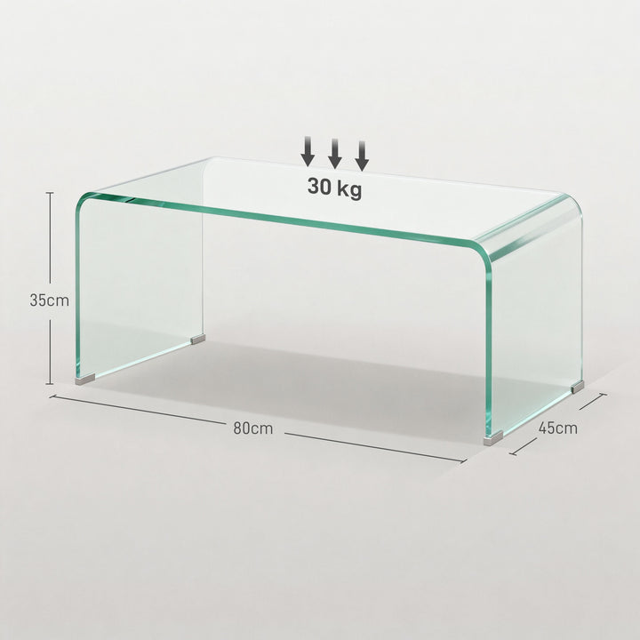 Robust sofabord i glas, design i ét stykke, enkelt og moderne, 80 x 45 x 35 cm, transparent