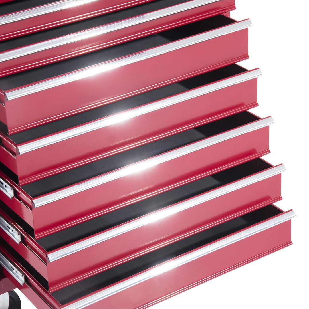 Værkstedsvogn med værktøjskasse, tom, aflåselig værktøjsvogn med skuffer, værktøjsrum, nøgler og skridsikre måtter, rød