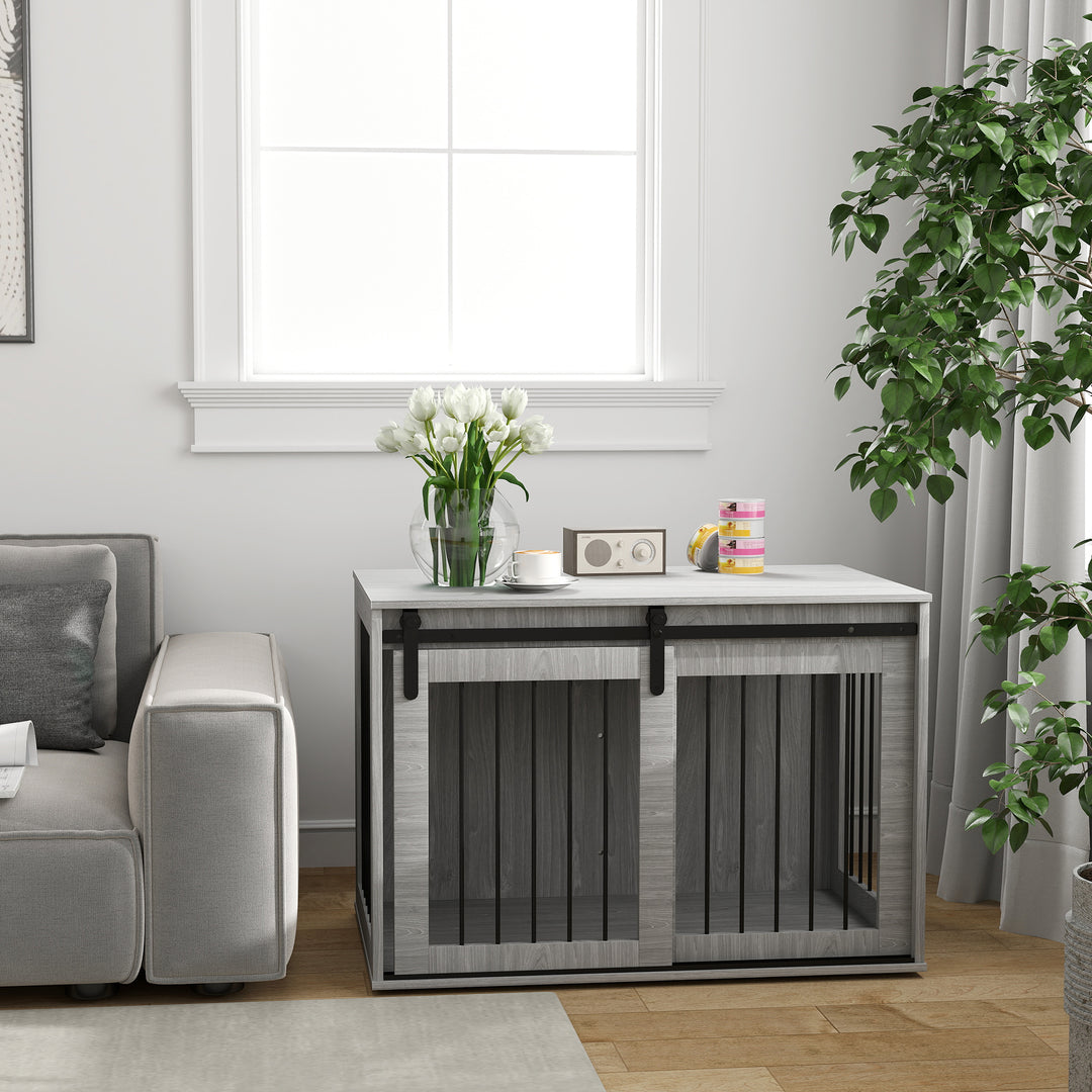 Hundebur med skydedør, ventileret, spånplade og stål, 98 x 58 x 61 cm, grå