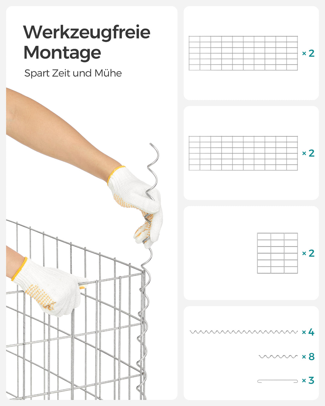 Gabionkurv, metalgabionbur med 5 x 10 cm maske til sten, galvaniseret, haveindretning, vægskillevæg, 100 x 30 x 30 cm, sølv