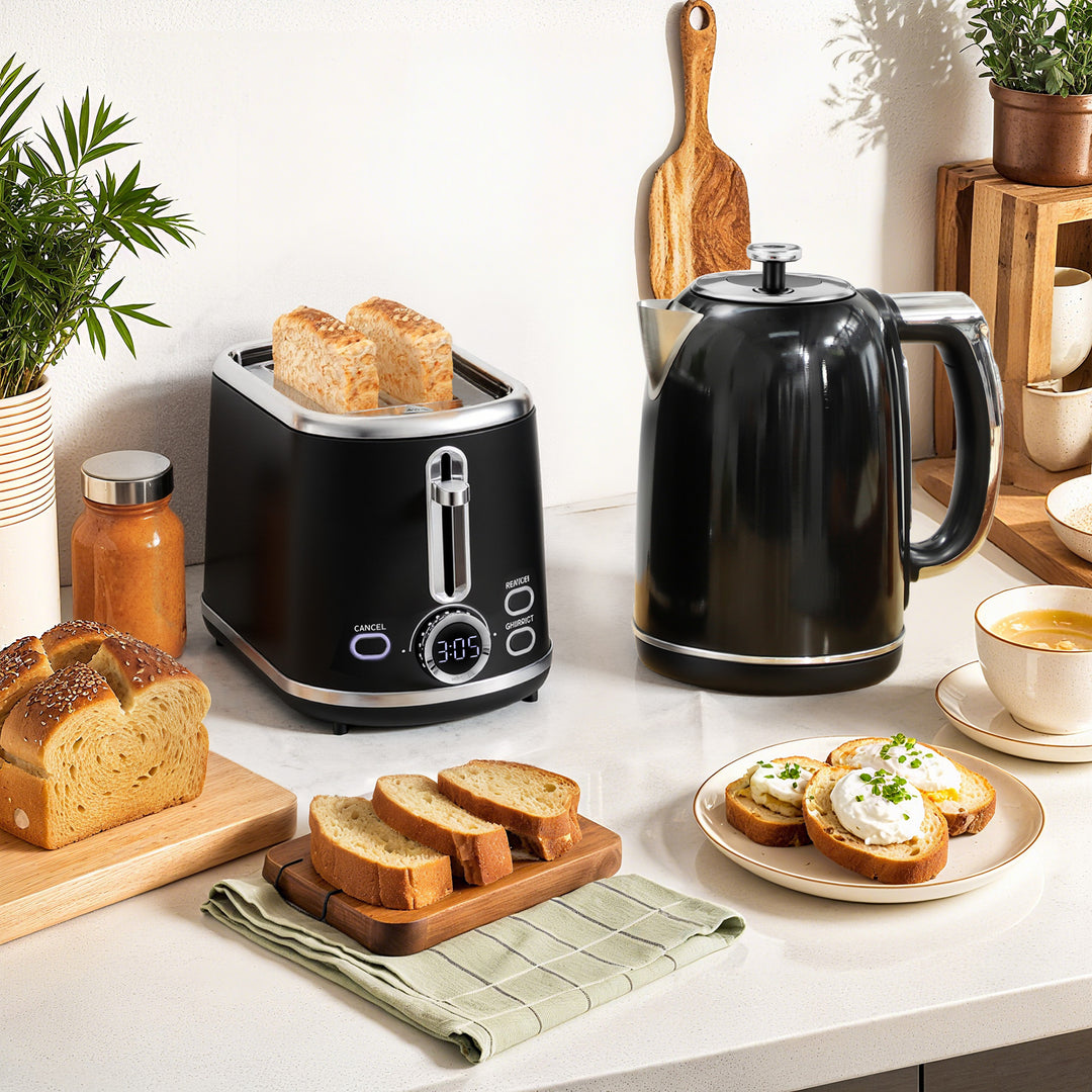 Elkedel- og brødristersæt, LED-display, 1,7 liter, 2200W, retrodesign, hukommelsesfunktion, sort