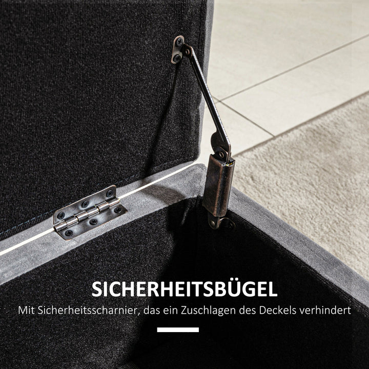 Bænk, polstret bænk med opbevaring, kommodebænk, metal, skum, gummitræ, antracitgrå, 110 x 43 x 45 cm