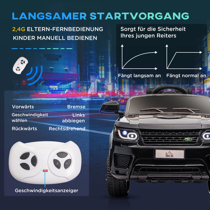 El-SUV til børn, op til 5 km/t, med sikkerhedssele, fjernbetjening, forlygter, musikfunktion, sort
