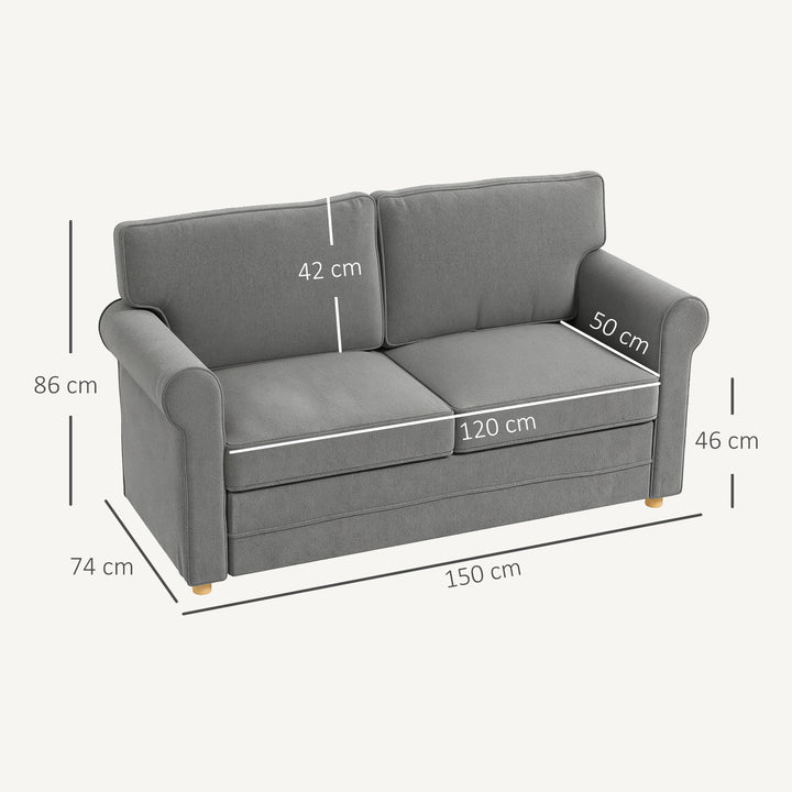 2-Personers sofa, kompakt stuesofa, stof med hørlook, bløde sædehynder, stålstel, mørkegrå