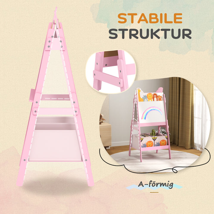 2-I-1 børnestaffeli med whiteboard, tavle og opbevaringskasser, til børn i alderen 3-8 år, lyserød