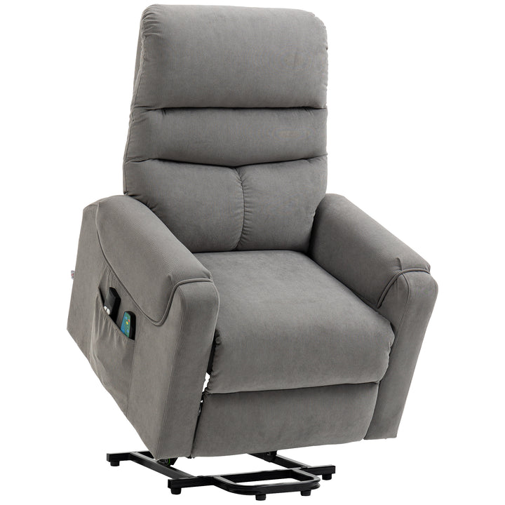 Tv-stol med elektrisk hæve-sænke, massagestol med lænefunktion og varmefunktion, afslapningsstol med fjernbetjening og sidelomme, justerbart polyesterstof, mørkegrå