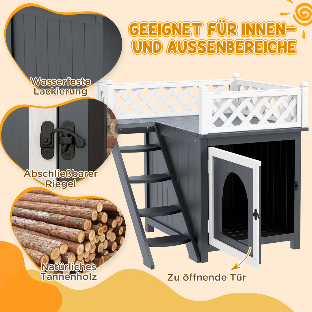 Toetagers kattehus med balkon og trappe, indendørs/udendørs, til katte og kaniner, fyrretræ, grå