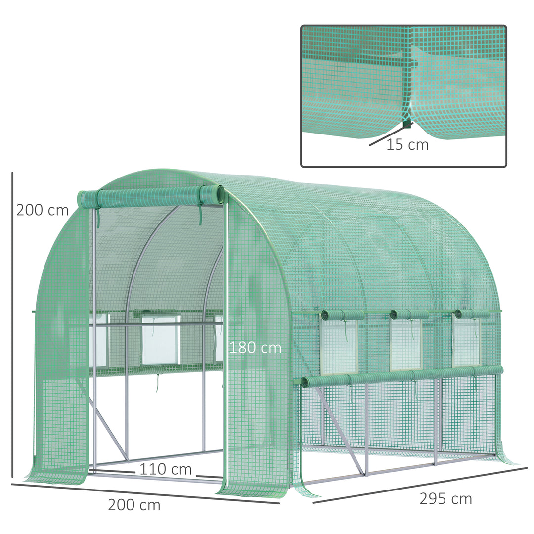 Polytunnel drivhus, 6 rullevinduer, lynlåsdør, ramme i rustfrit stål, 2,95 x 2 x 2 m, grøn