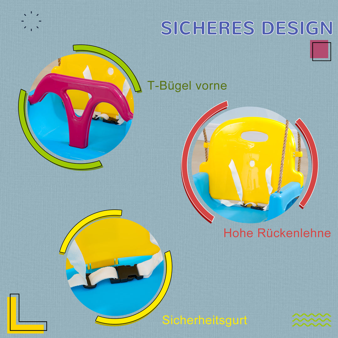 3-I-1 børnegynge, højdejusterbar, aftagelig ryglæn, til indendørs og udendørs brug, blå+gul, 42 x 33 x 180 cm