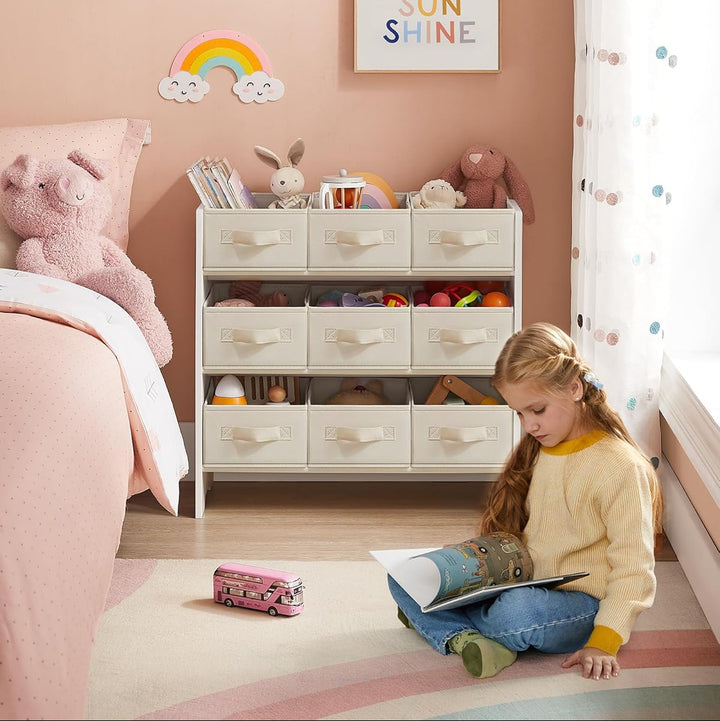 Legetøjsorganisator med 9 non-woven stofkasser til opbevaring, ideel til børneværelse og legerum, mål: 29,5 x 62,5 x 60 cm, hvid