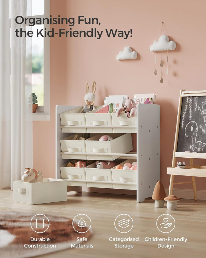 Legetøjsorganisator med 9 non-woven stofkasser til opbevaring, ideel til børneværelse og legerum, mål: 29,5 x 62,5 x 60 cm, hvid