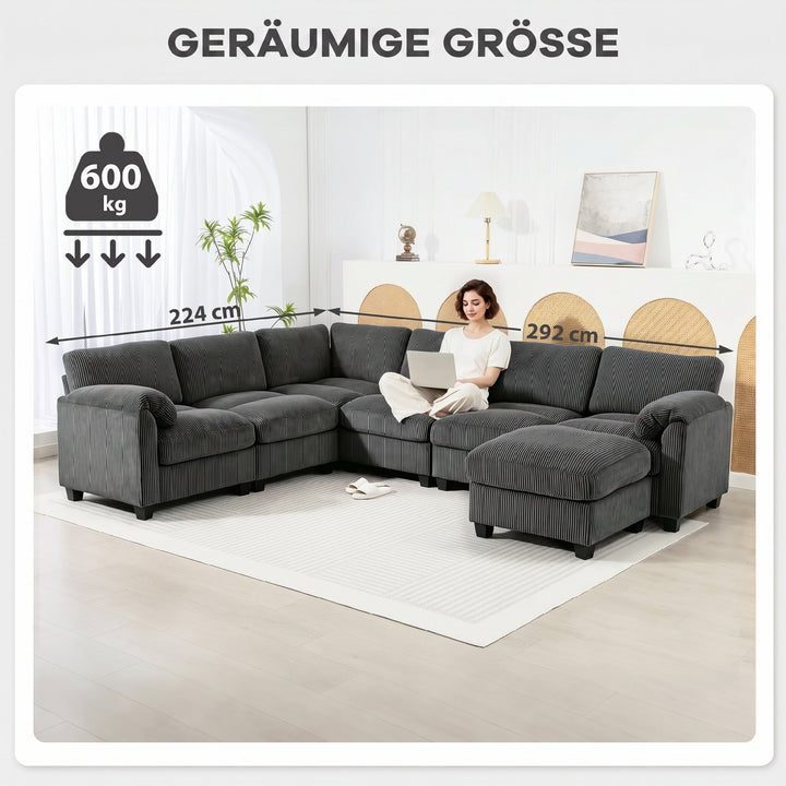 Hjørnesofa, U-formet sofa, sofa med fjederbetræk, polstrede armlæn, bevægelig puf, corduroy, 292x224x85 cm, mørkegrå