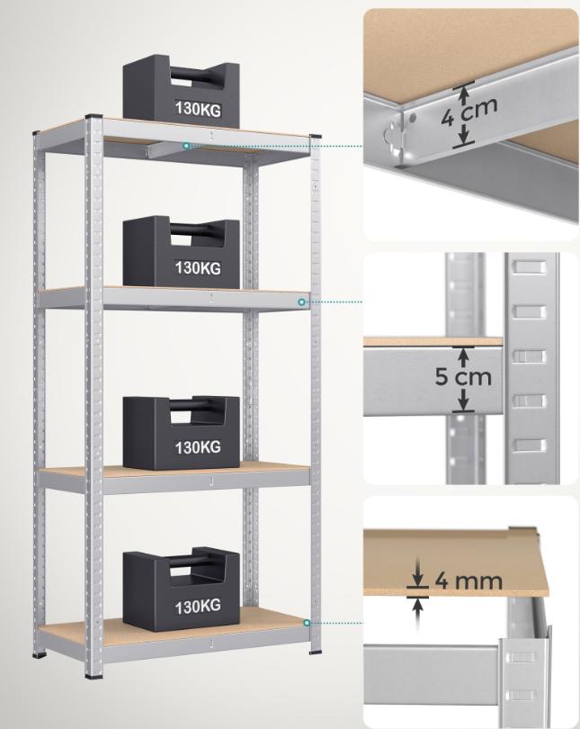 Sæt med 2 stålhylder og MDF-plader med mulighed for opdeling, højdejustering hver 3 cm, forstærkninger og beskyttende benbetræk
