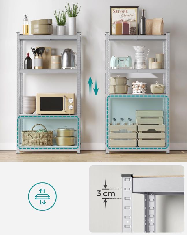 Sæt med 2 stålhylder og MDF-plader med mulighed for opdeling, højdejustering hver 3 cm, forstærkninger og beskyttende benbetræk