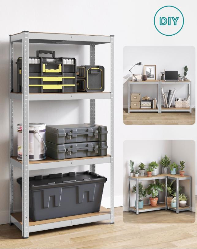 Sæt med 2 stålhylder og MDF-plader med mulighed for opdeling, højdejustering hver 3 cm, forstærkninger og beskyttende benbetræk