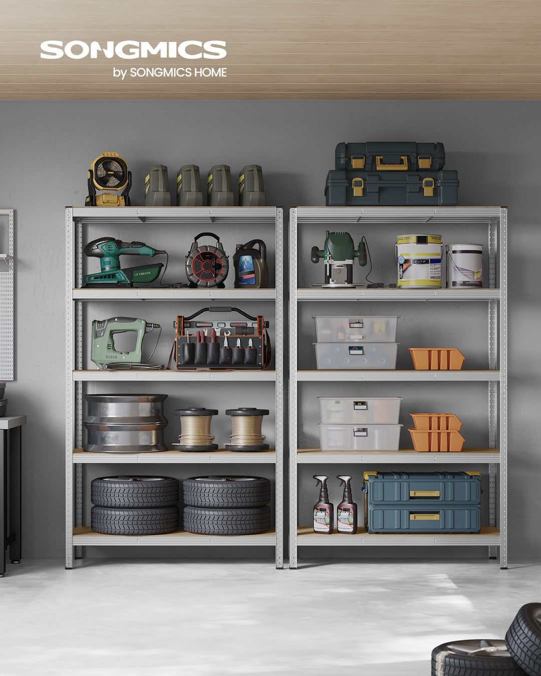 5-etagers reol, stålreol til opbevaring, værktøjsfri montering, 60 x 120 x 200 cm, sølvfarvet