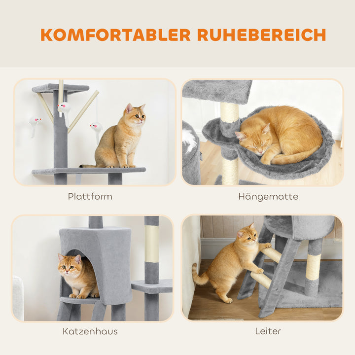 Kradsetræ med hule, 4 legetøj, sisalstolper, stor platform, trappe, til katte under 5 kg, grå