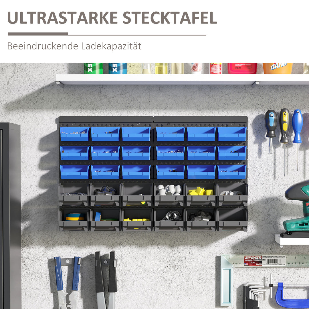 Værkstedsopbevaringsreol, 30 kasser i 2 størrelser, stabelbar, 63 x 18 x 37,5 cm, blå