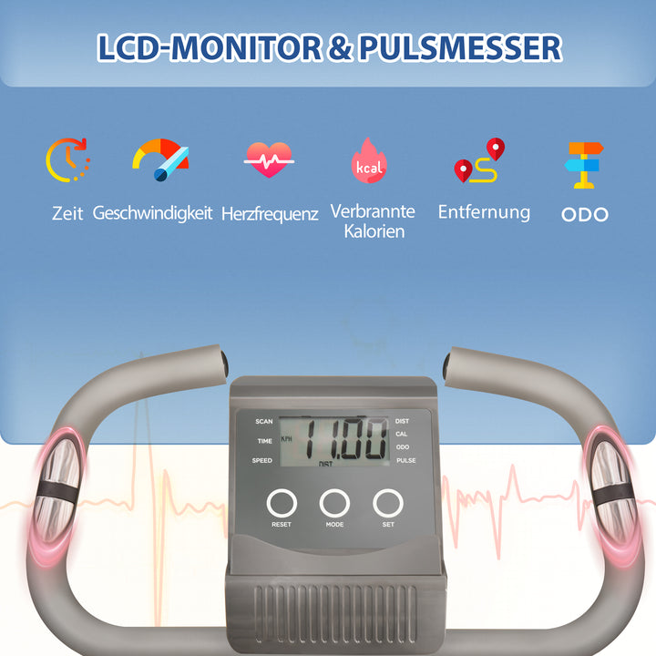 X-bike 2-i-1 motionscykel med lcd-skærm, pulsmåler, foldbar motionscykel med 8 niveauer af magnetisk modstand, 1 par spændereb, stålgrå 105 x 48 x 118 cm