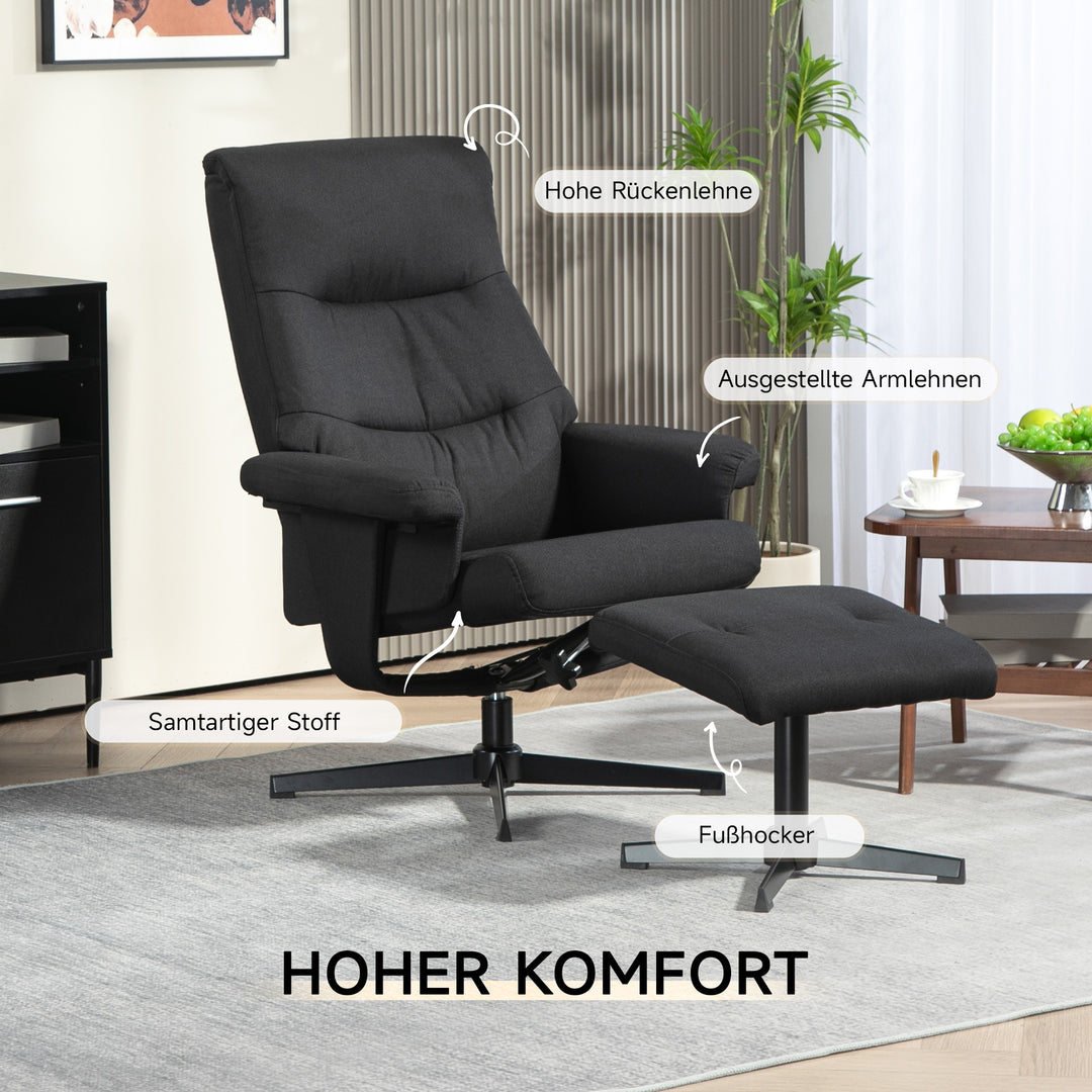 Hvilestol med fodskammel, drejefunktion, vippefunktion, fløjlslook, op til 150 kg, sort
