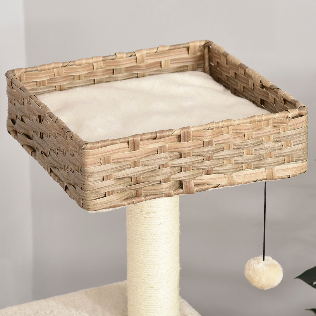 Rattan kradsetræ til katte, kradsetræ til killinger med kattehulebold, sisal, blødt plys, pe, højde 108 cm, brun+beige