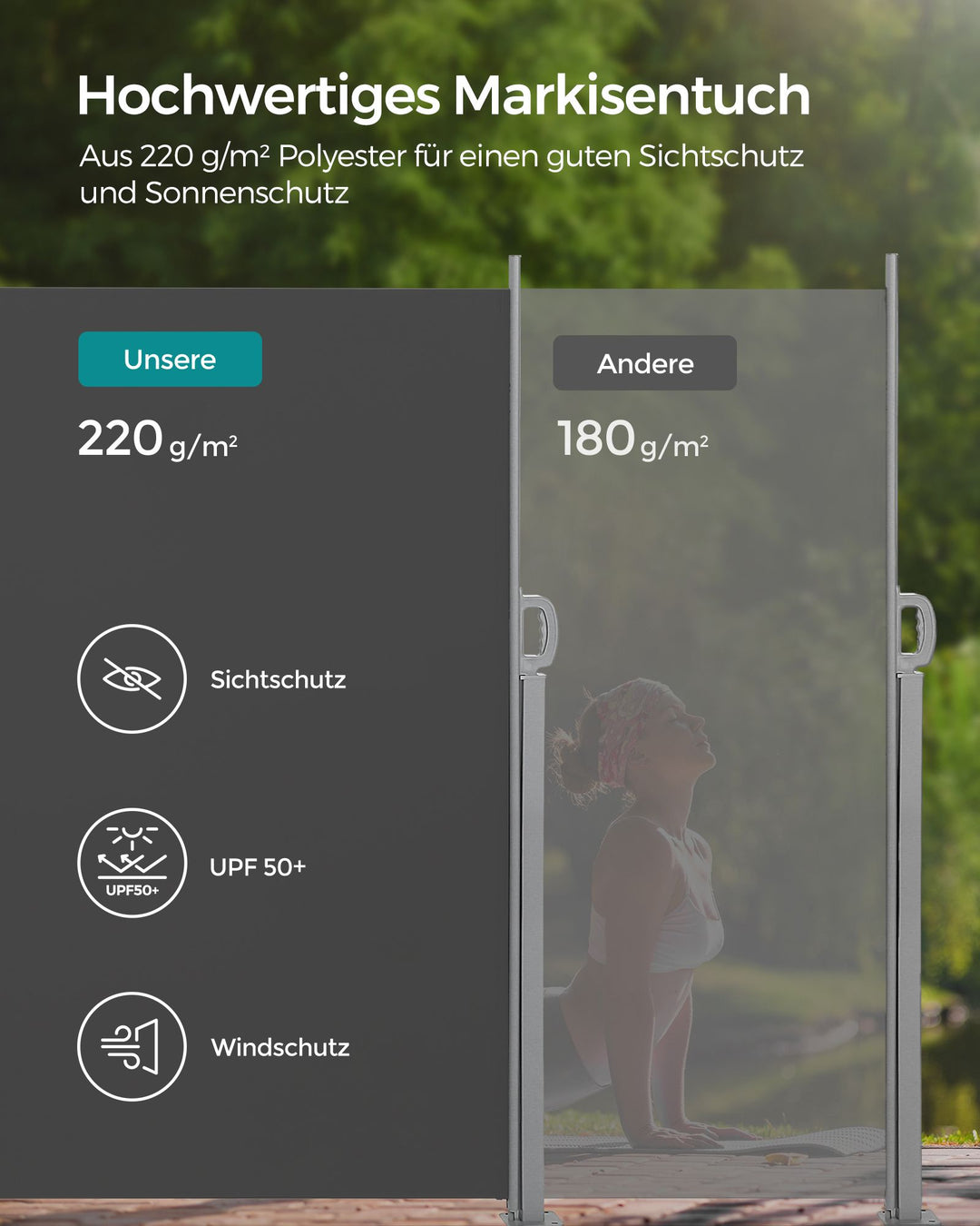 Side markise til balkon og terrasse, måler 160 x 350 cm (H x L), i farven smoky grå