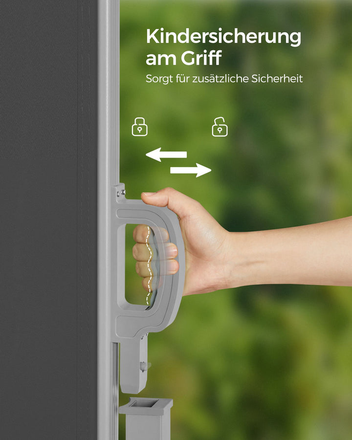 Side markise til balkon og terrasse, måler 160 x 350 cm (H x L), i farven smoky grå