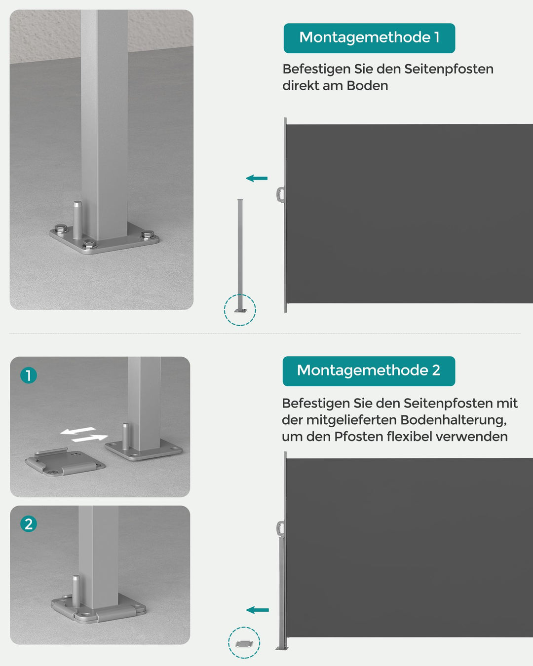 Side markise til balkon og terrasse, måler 160 x 350 cm (H x L), i farven smoky grå