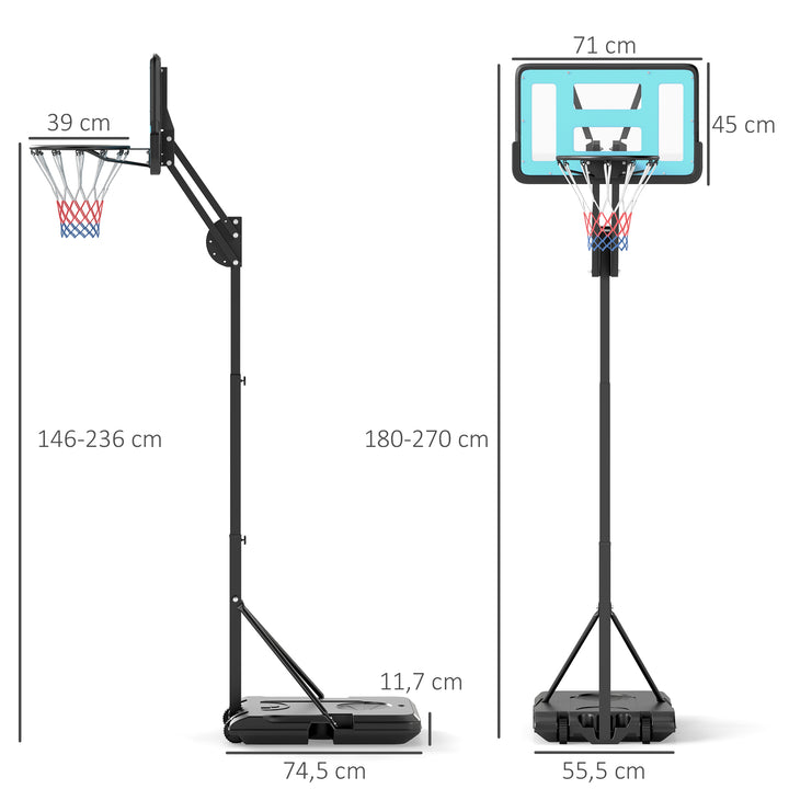 Basketballkurv, 146-236 cm højdejusterbar, basketballstativ, rullebar, stål, plastik, sort