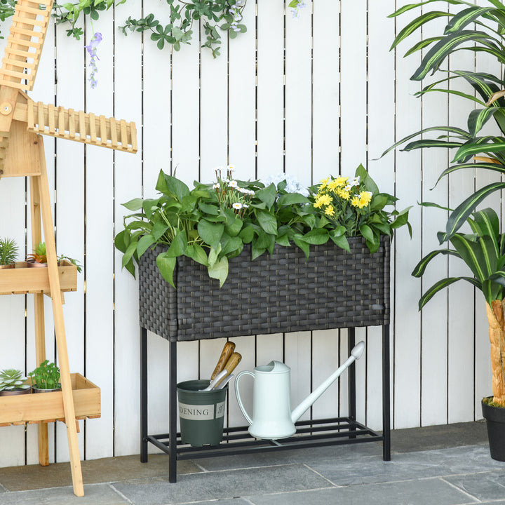 Højbed, blomsterkasse, dyb hylde, metalstel/polyrattan, 70 x 30 x 70 cm, mørkebrun