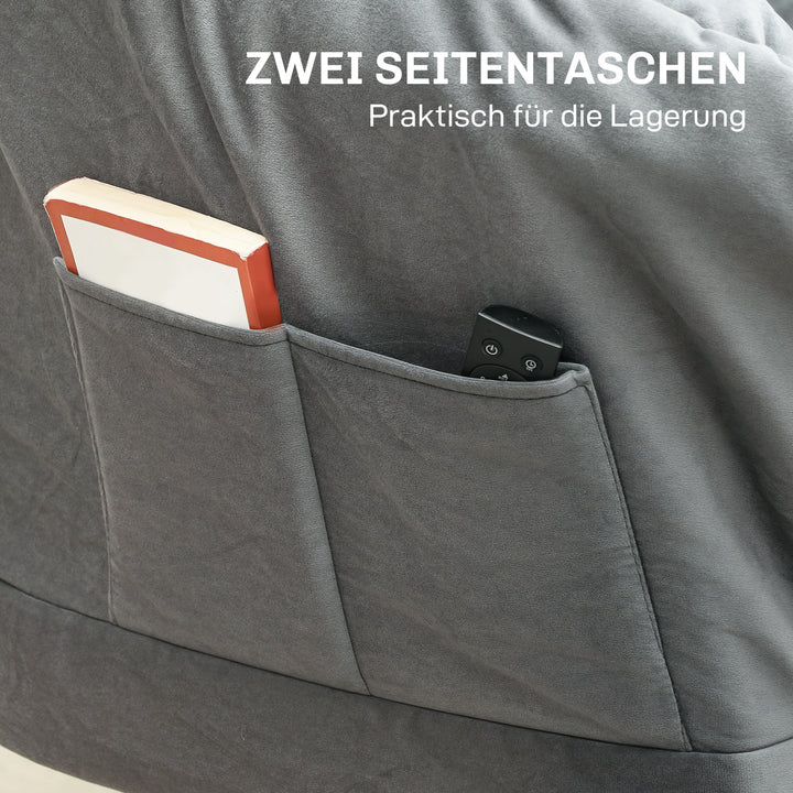 Moderne accentstol, polstret stol med stålben og sidelommer, til stue, soveværelse, grå