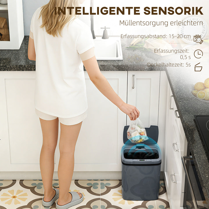 Sensoraktiveret 15L automatisk skraldespand med to åbningsmuligheder, til kontor, køkken, 27,6 x 21,4 x 33,5 cm, grå