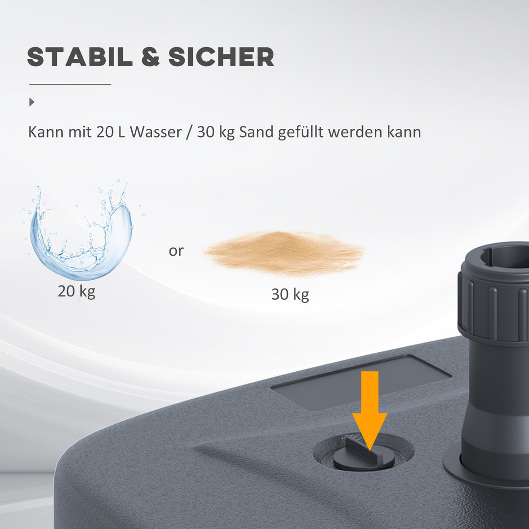 Parasolfod, paraplystativ, paraplyholder, kan fyldes med sand eller vand, afrundede hjørner, HDPE-plast, sort, 46 x 45 x 26 cm, op til 30 kg, nettovægt 1,6 kg