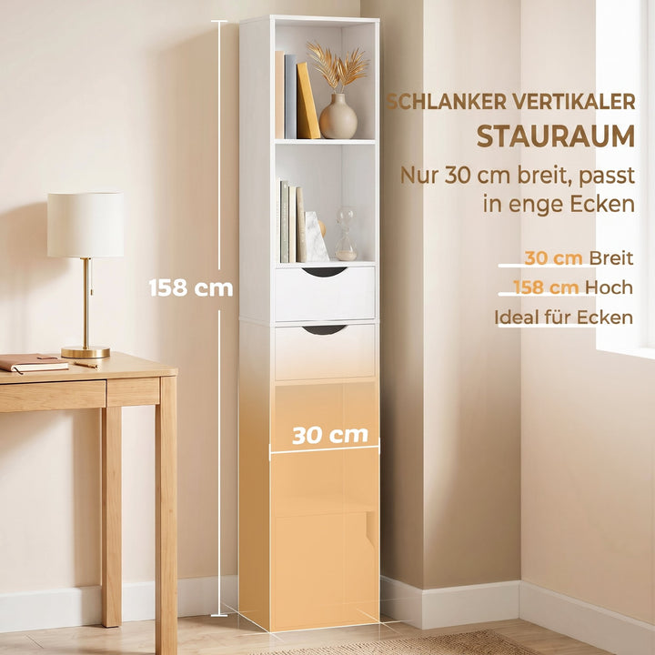 Bogreol med 2 skuffer, smal, til kontor, 30x24x158cm hvid