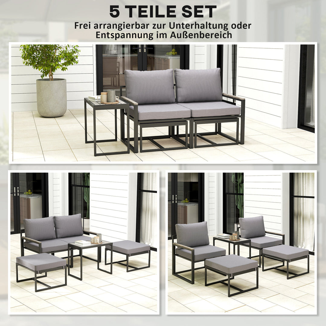 Havemøbelsæt, 2 personer, med 2 lænestole, fodskamler der kan opbevares under lænestolene, sofabord, grå