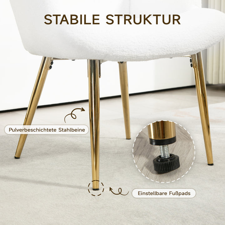 Wingback-stol med fodskammel, høj ryg, sherpabetræk, forgyldte metalben, op til 120 kg, hvid