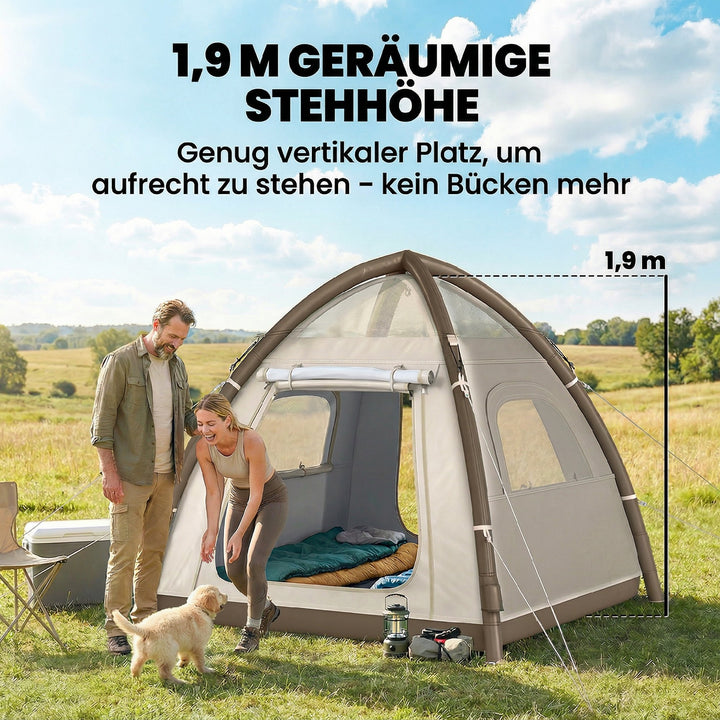 Oppusteligt 3-personerstelt, hurtig opsætning, udendørs campingtelt med luftpumpe, netvinduer, aftageligt tag