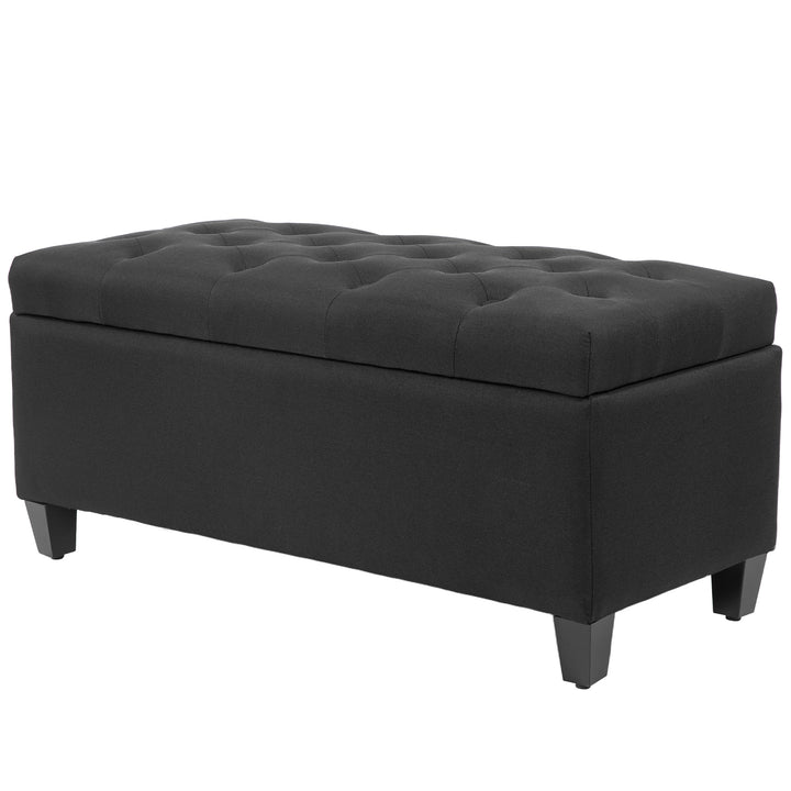 Opbevaringsbænk, kommodebænk, hørlignende polyester, gummitræ, sort, 100 x 40 x 44 cm