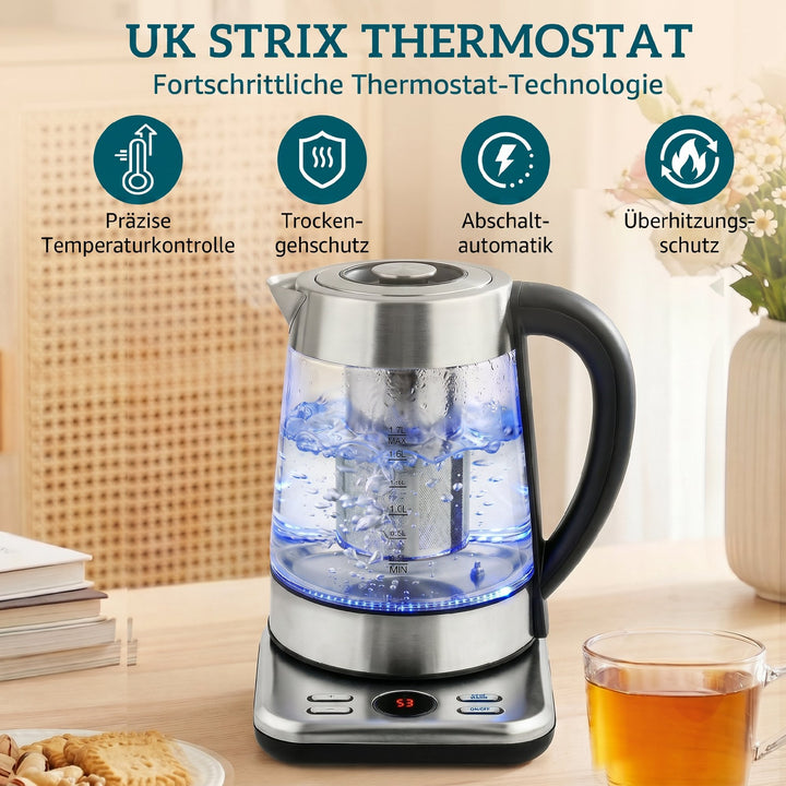 Elkedel, 1,7L hurtigtkogende 2200W elkedel med UK Strix termostat, tesi, varmholdningsfunktion