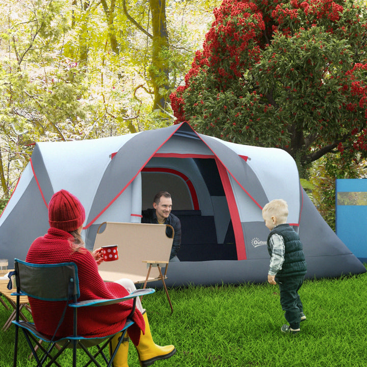 Campingtelt til 5-6 personer, robust, vandtæt familietelt med indgang, vindue og bæretaske; 3000 mm vandsøjletryk; tunneltelt/kupeltelt til camping, rejser og havebrug; lysegrå
