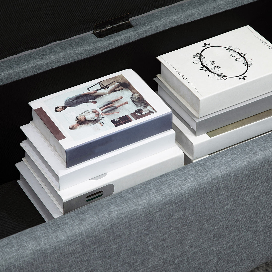 Bænk med opbevaring, fodskammel, entrébænk, knapsyninger, 125,1 cm x 48,9 cm x 41,3 cm, grå