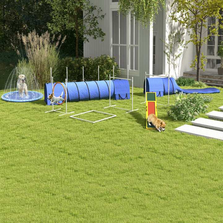 Agility sæt til hunde, 1 dæk, 2 tunneler, 2 hækkeløb, 321 cm x 63 cm x 93 cm, blå + rød + hvid