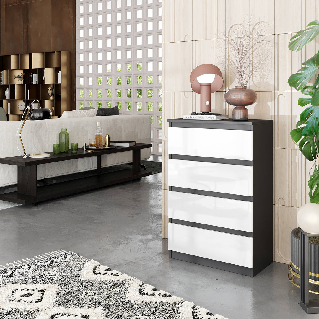 GABRIEL – kommode / sideboard med 4 skuffer – antracit / hvid højglans – H92 cm B60 cm D33 cm