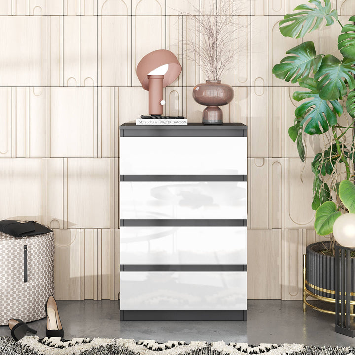 GABRIEL – kommode / sideboard med 4 skuffer – antracit / hvid højglans – H92 cm B60 cm D33 cm